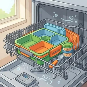 Dishwasher-safe kids snack containers being cleaned in the kitchen appliance.