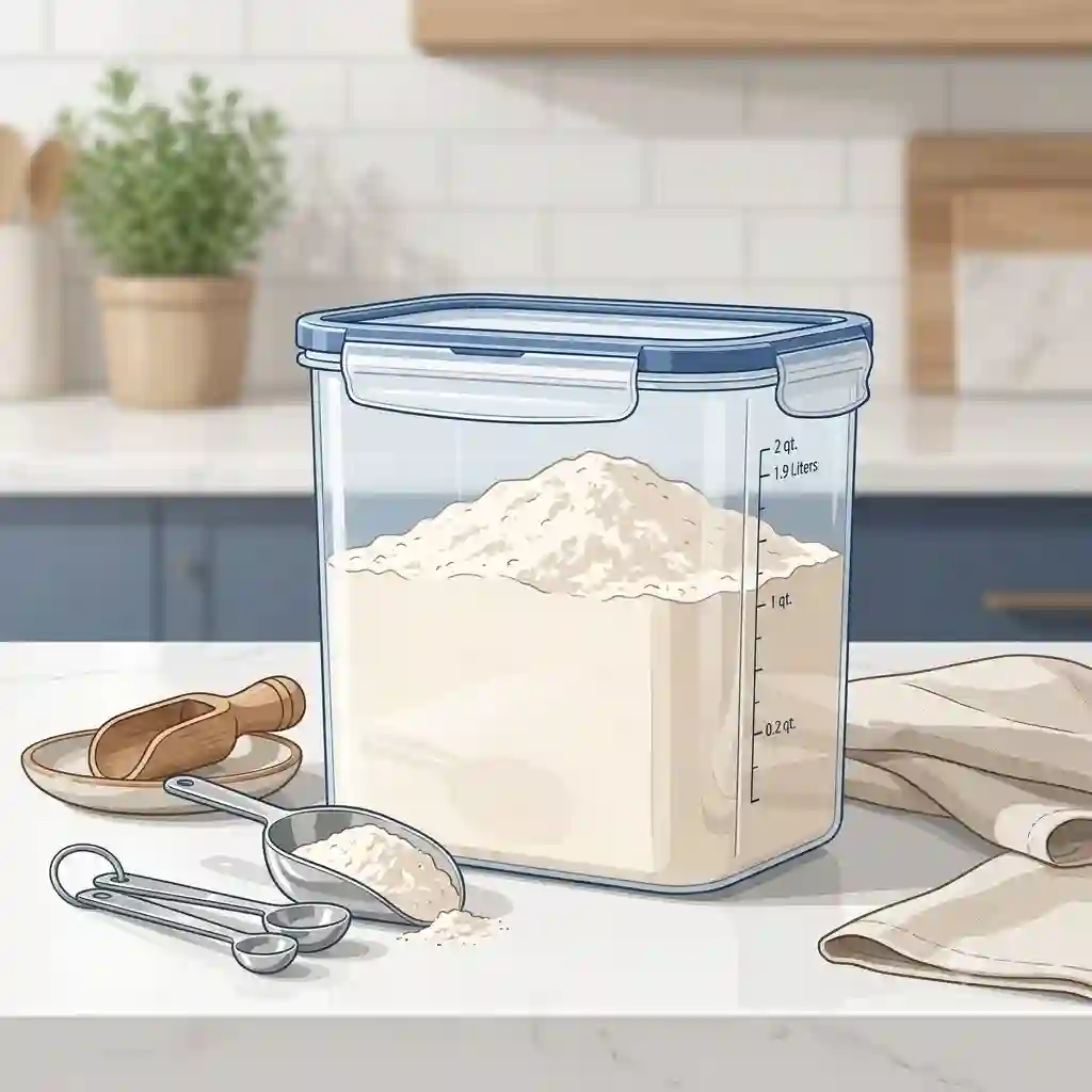 A clear, high-quality 2 quart container filled with fresh flour sitting on a modern kitchen countertop next to measuring spoons.