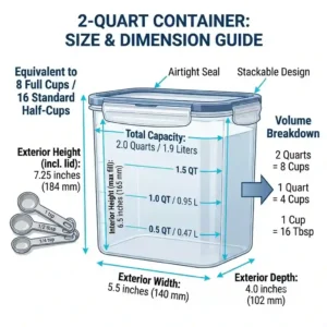 A detailed illustration showing the exact height, width, and liquid dimensions of a standard 2 quart container.
