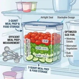 Illustration of a clear plastic 2 quart container holding prepped chopped vegetables inside a refrigerator.