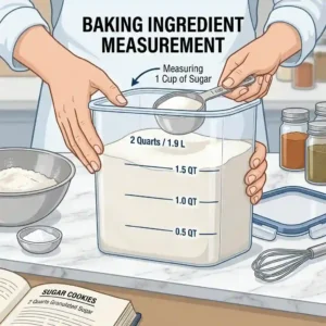 An illustration depicting a bakers hands using a 2 quart container to measure out sugar for a recipe.