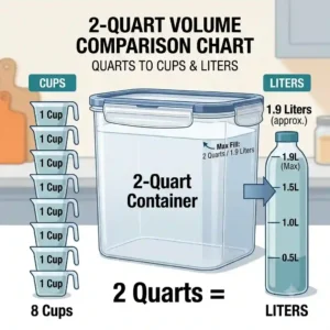 A measurement comparison graphic showing that a 2 quart container equals 8 cups or roughly 1.9 liters.
