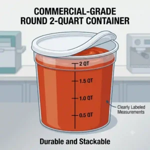 An illustration of stacked commercial-grade round 2 quart containers with red measurement markings in a restaurant kitchen.
