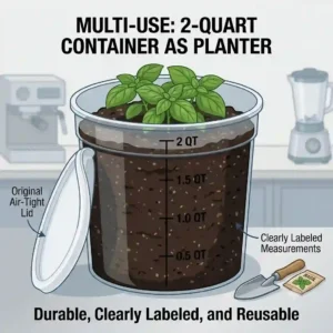 An illustration of a durable 2 quart container being used as a small planter pot with soil and a green sprout.