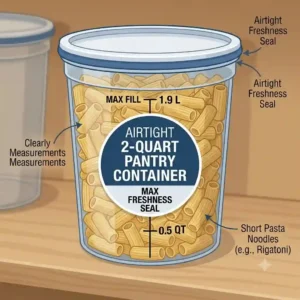 Illustration of an airtight 2 quart container neatly organized on a pantry shelf filled with dry pasta noodles.
